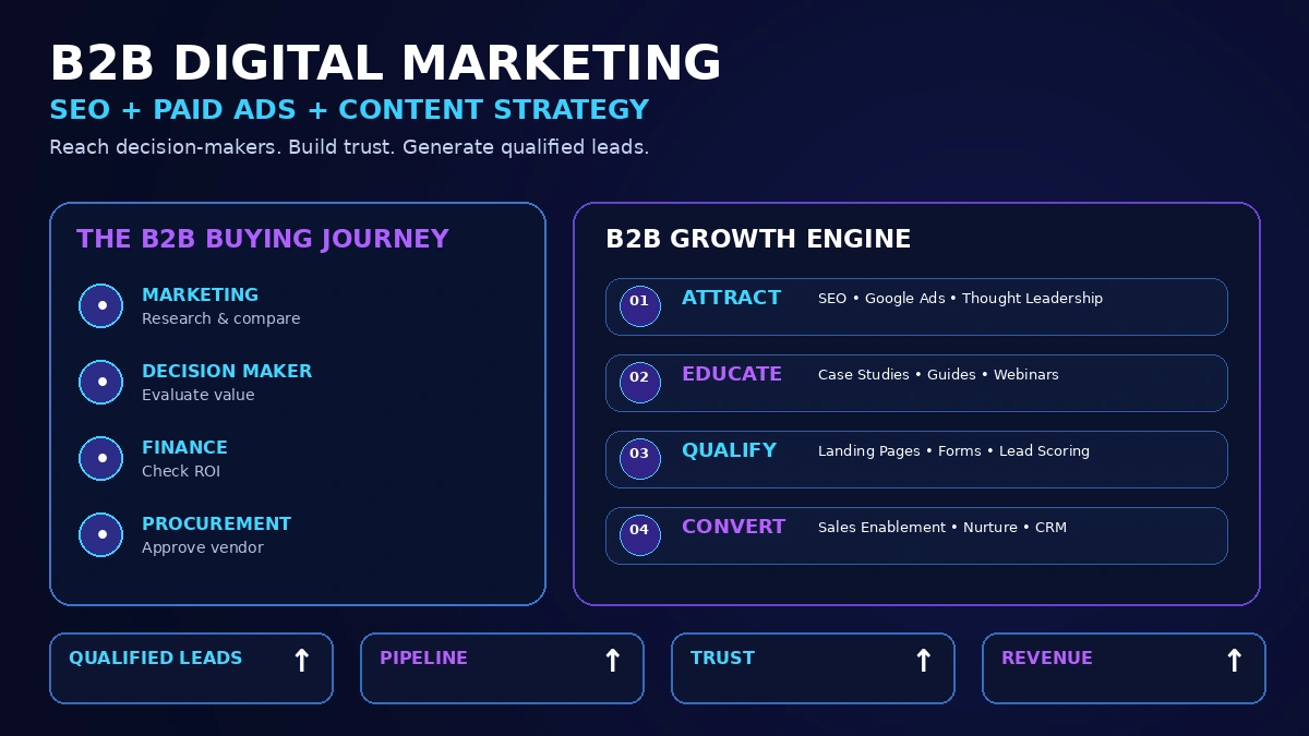 Diagram showing multiple B2B buying-committee stakeholders researching content independently before converging on a decision