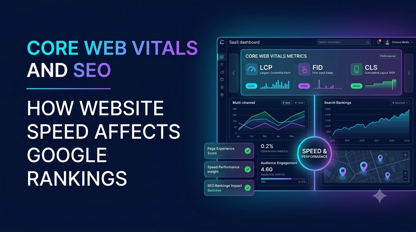 Dashboard showing Core Web Vitals metrics LCP, INP, and CLS with green good-range indicators for a website