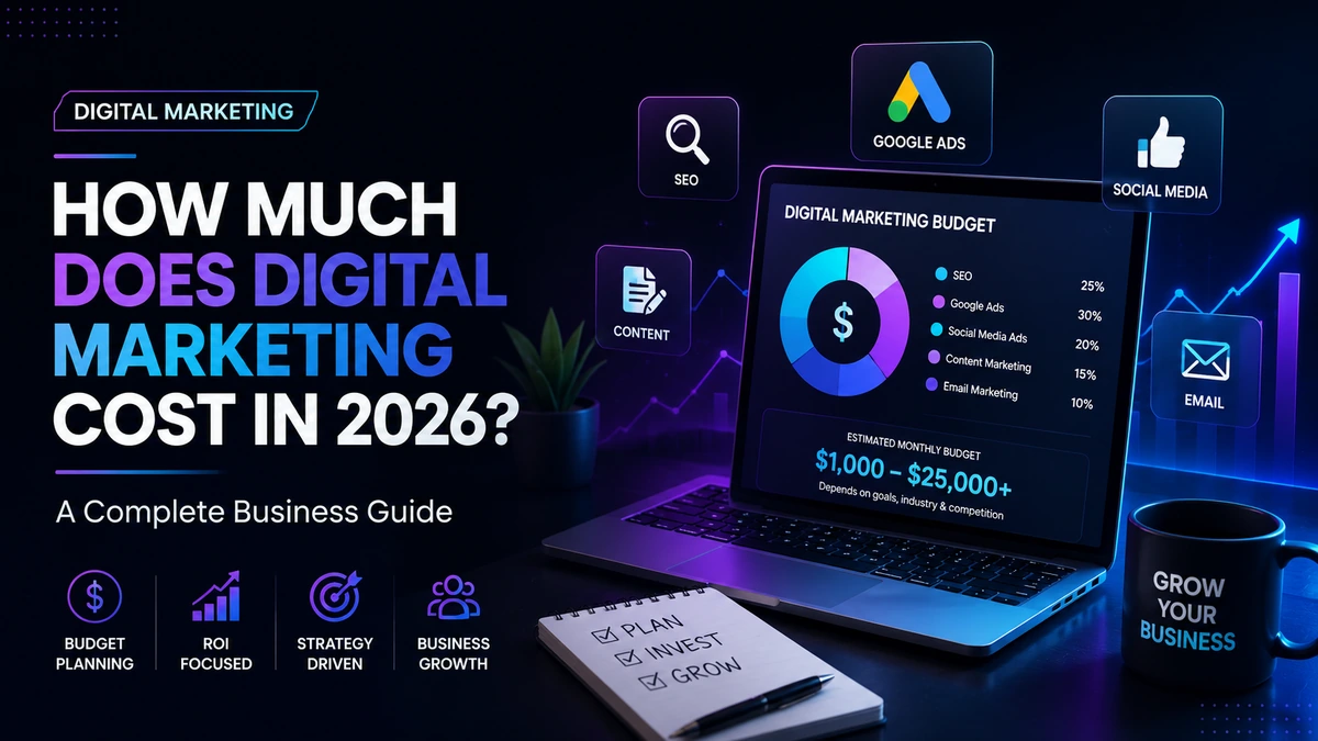 Business owner reviewing a digital marketing budget breakdown across SEO, paid ads, content, and web design