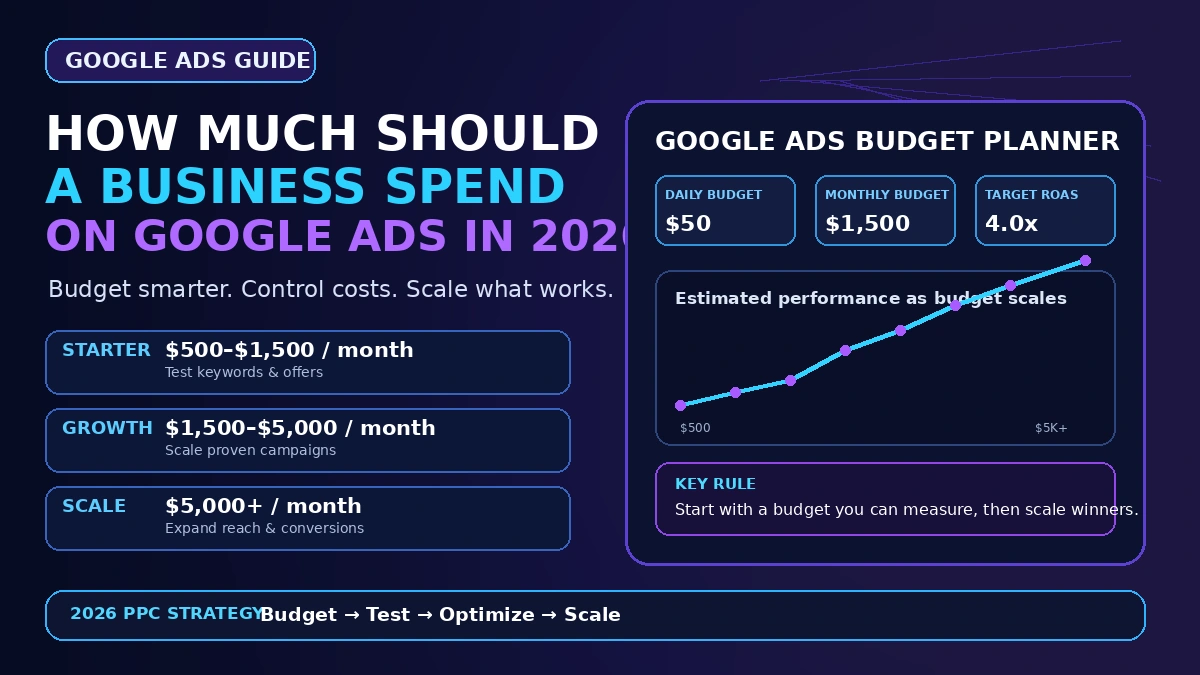 Dashboard graphic showing a Google Ads daily budget slider next to a cost-per-click and conversion chart