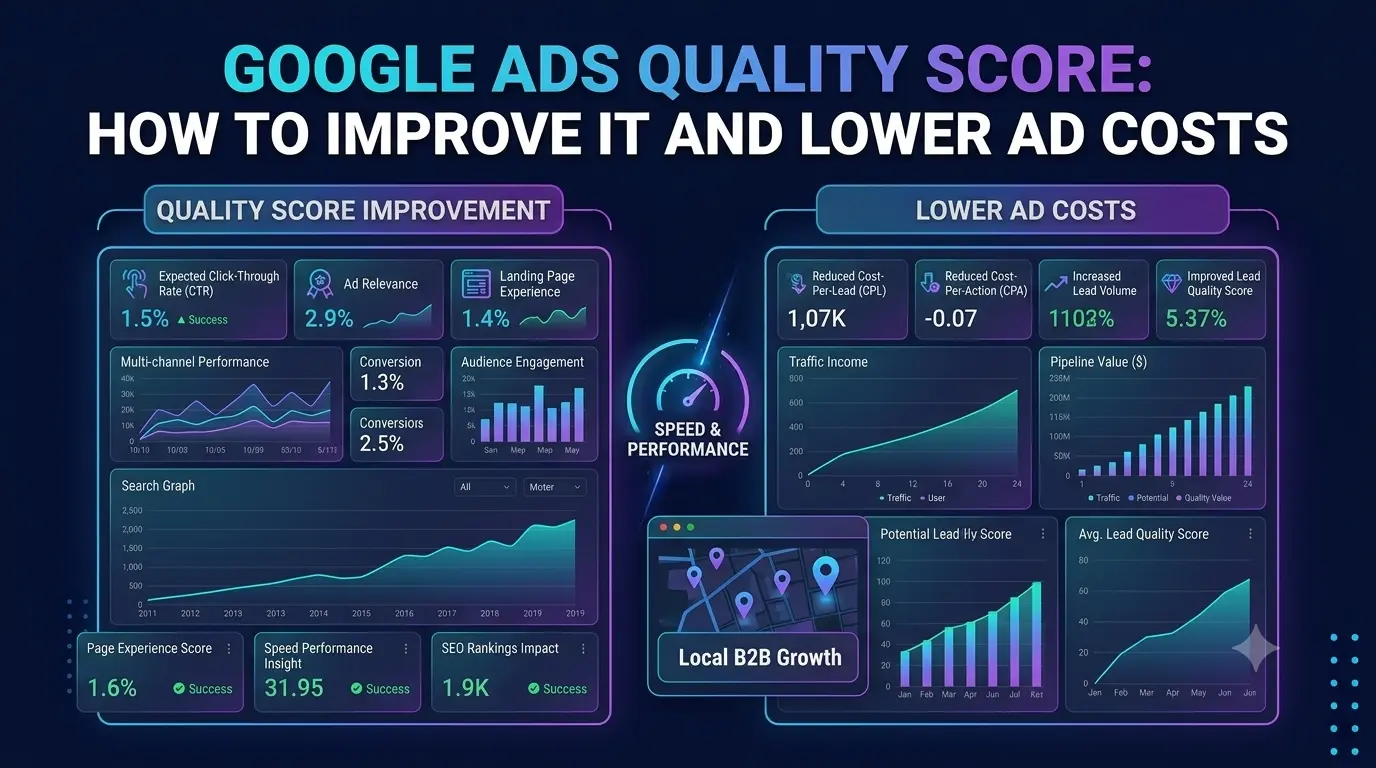 A Google Ads dashboard panel showing Quality Score broken into expected CTR, ad relevance, and landing page experience