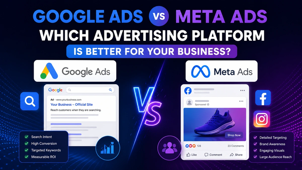 Split comparison graphic showing a Google search ad on one side and a Meta social feed ad on the other
