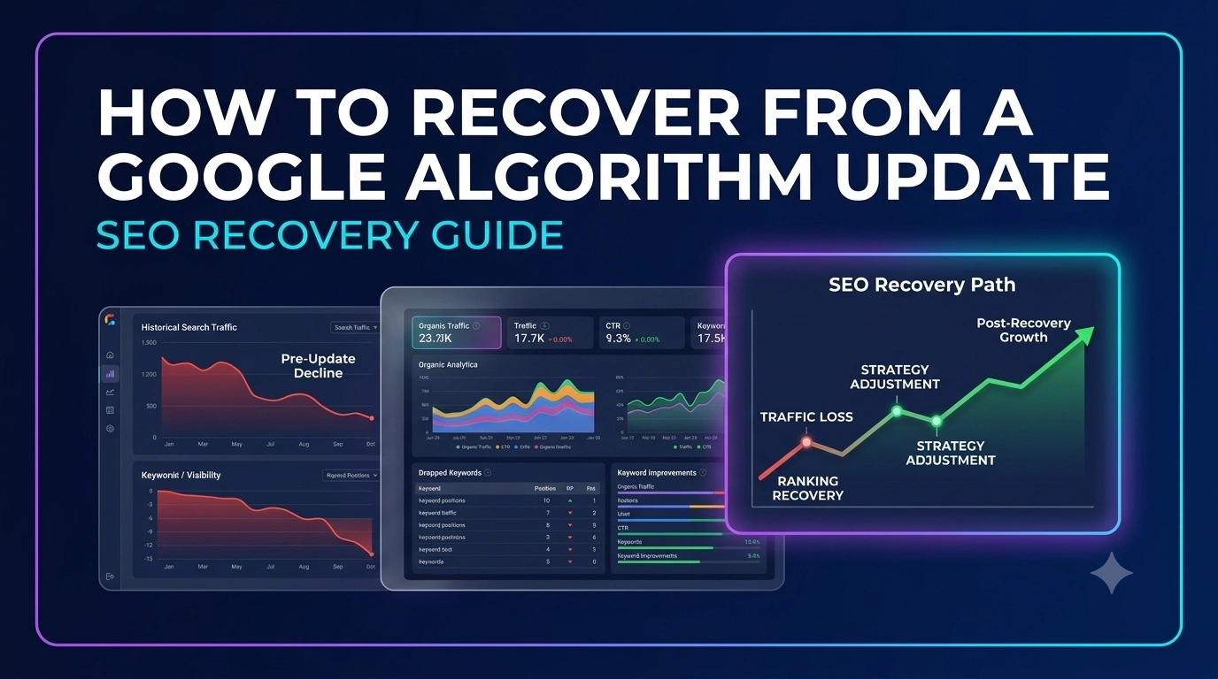 A declining then recovering traffic graph overlaid with a checklist representing Google algorithm update recovery steps