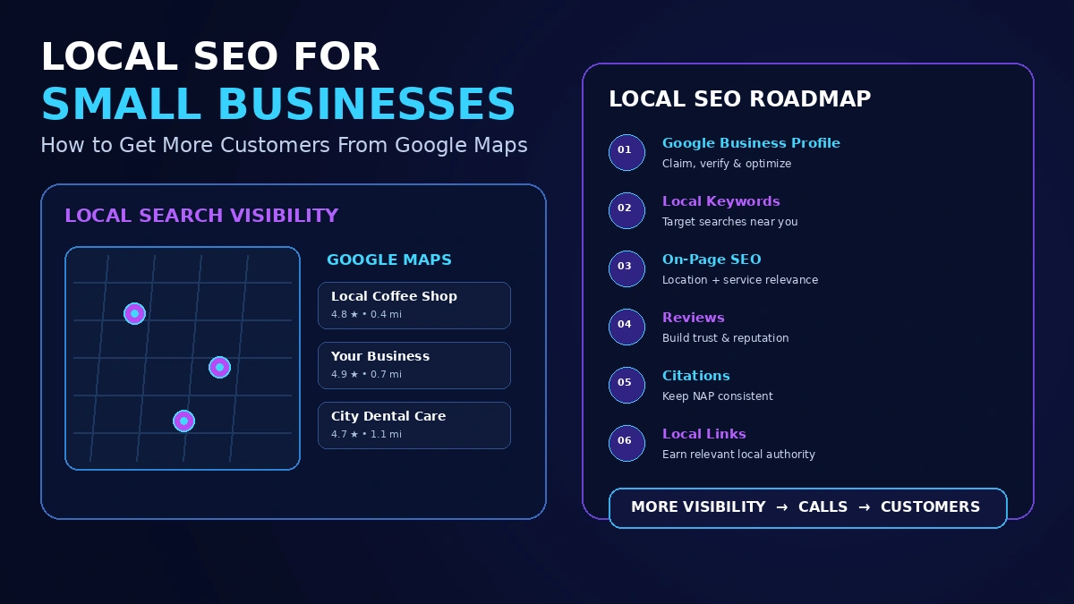 A map pin surrounded by local business search result cards, representing local SEO visibility on Google Maps
