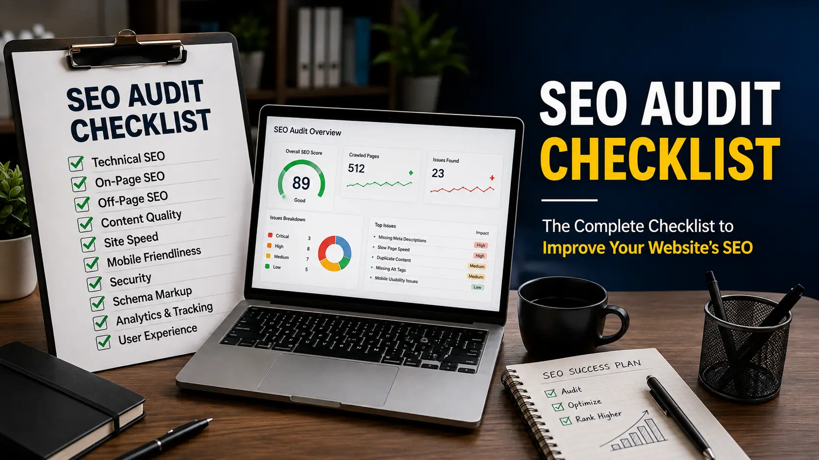 Checklist interface showing technical, on-page, and content SEO audit items being reviewed