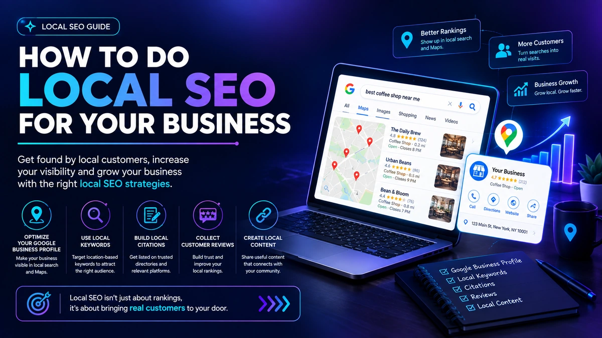A small business storefront illustration connected to a Google search results panel, representing local SEO visibility