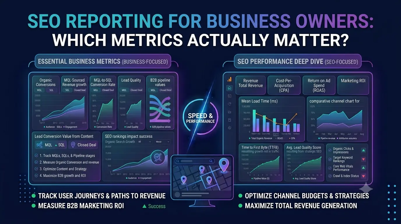 A simplified SEO report dashboard highlighting organic traffic, keyword rankings, and conversions as core metrics