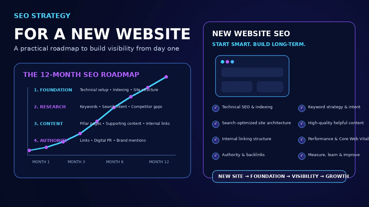 A new website icon at the base of a growth curve, illustrating a phased SEO strategy for a brand new site