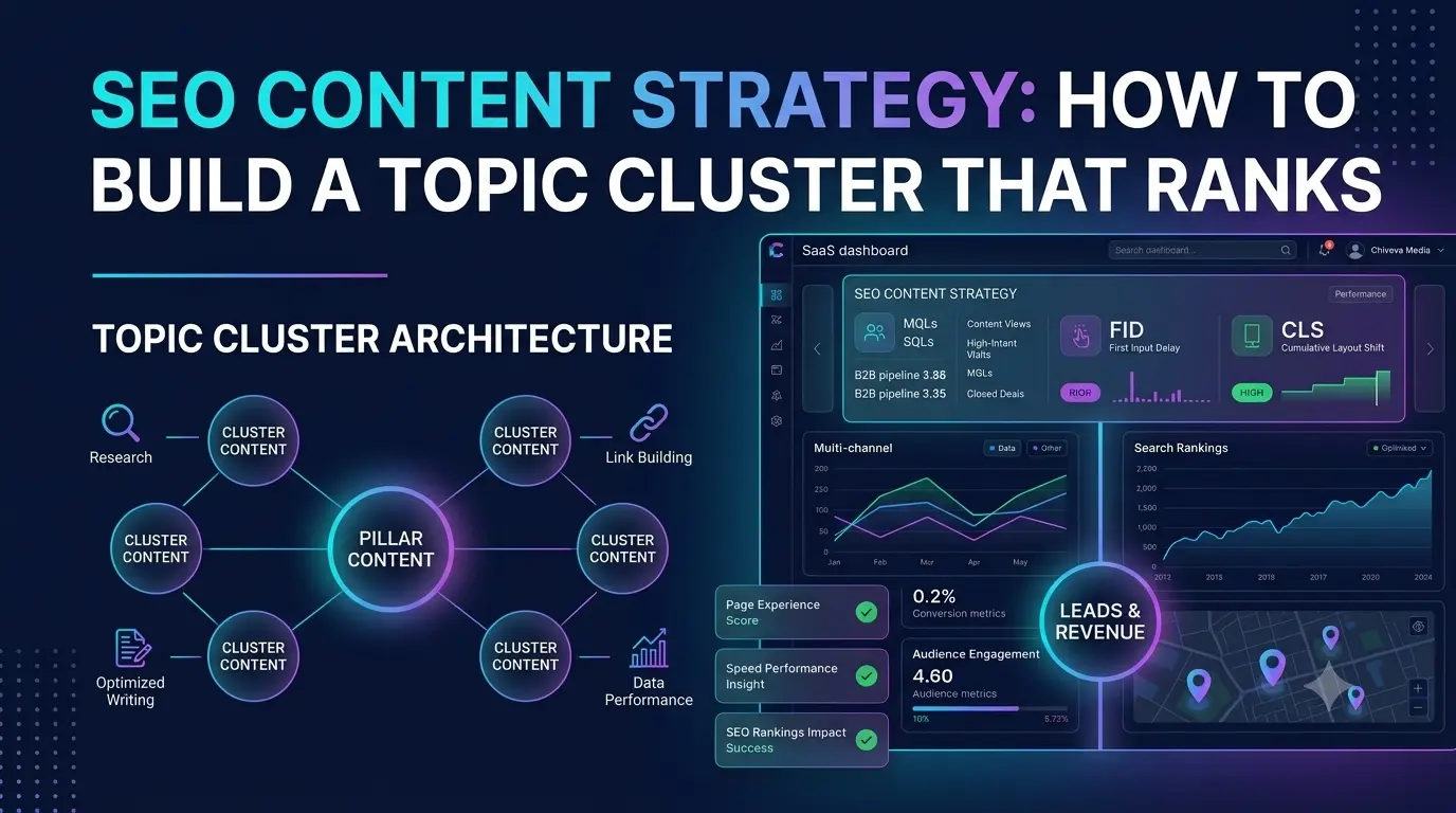 A central pillar page connected to multiple related cluster articles through internal links, forming a topic cluster diagram