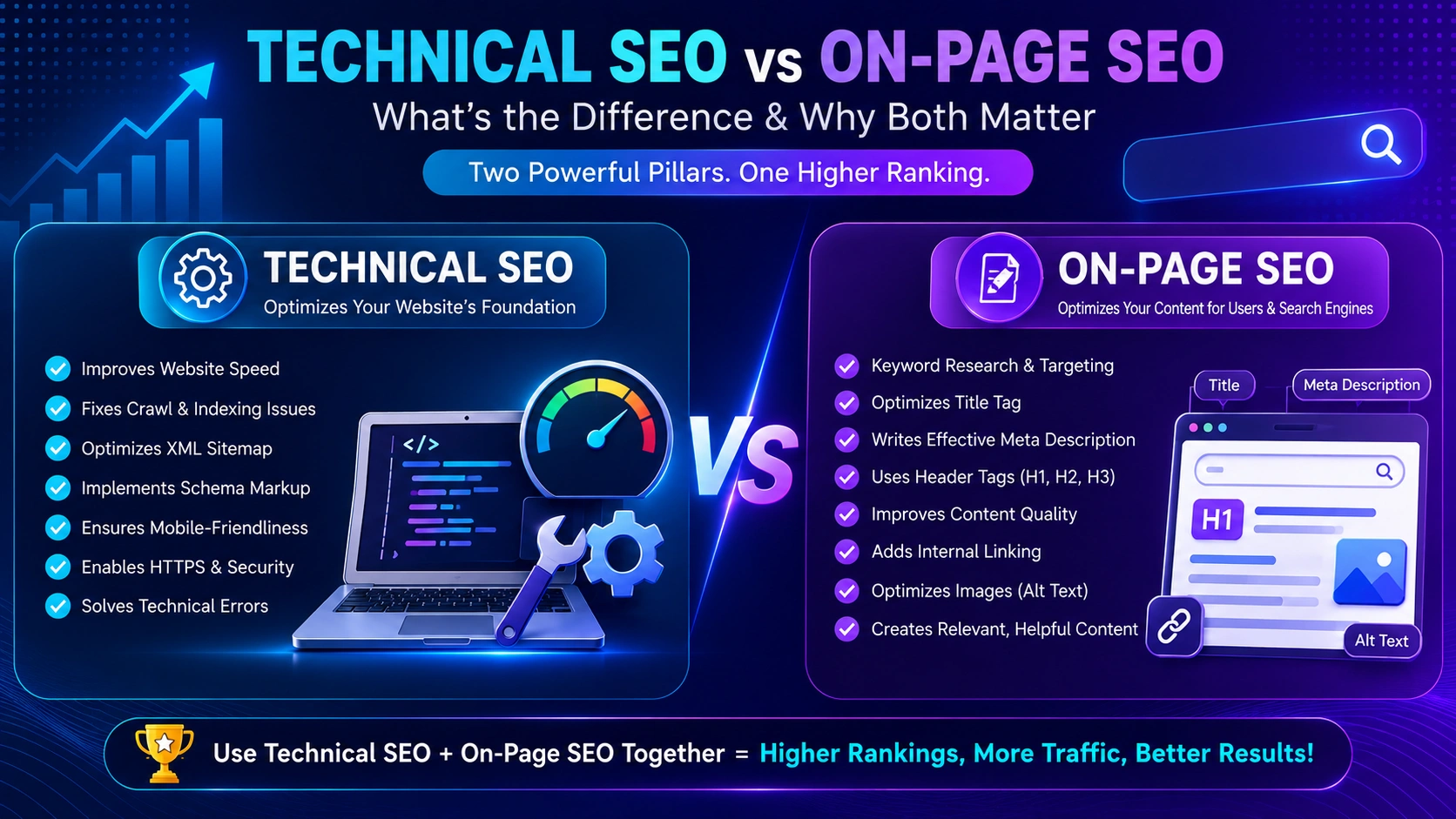 Two connected panels showing a website's technical crawl structure on one side and on-page content elements like headings and meta tags on the other