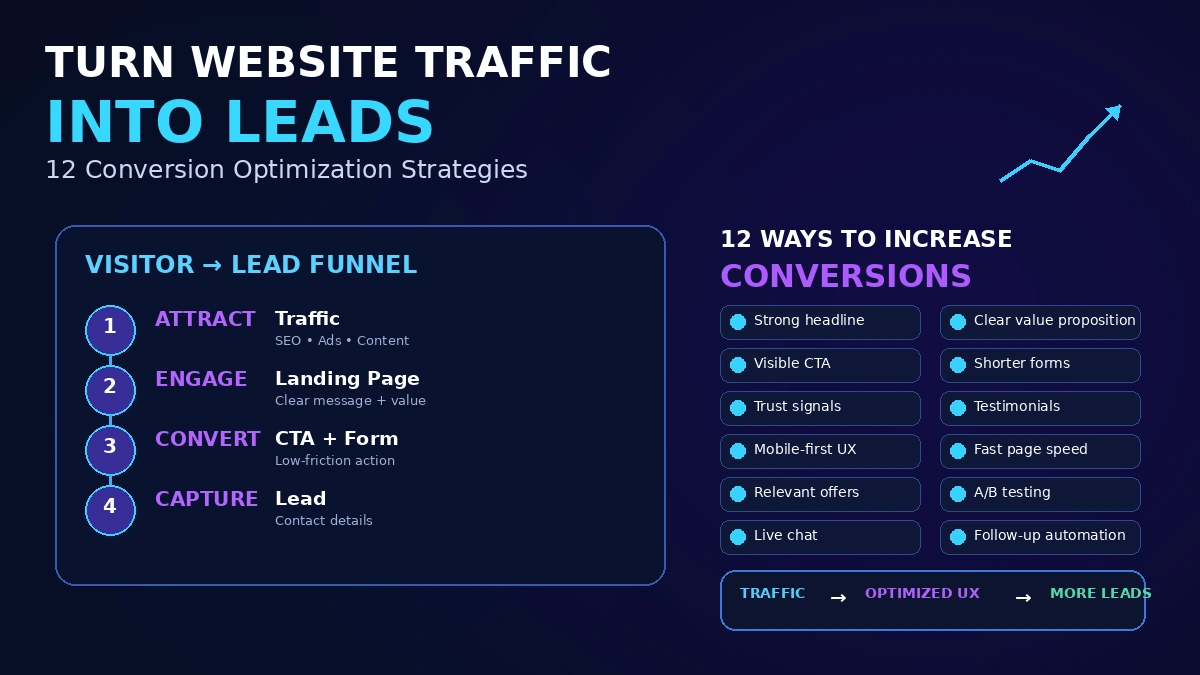 Funnel graphic showing website visitors narrowing down into qualified leads through conversion optimization touchpoints