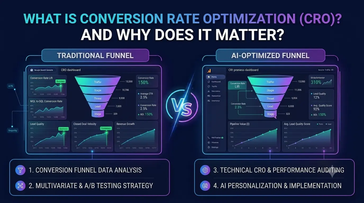 A conversion funnel graphic showing website visitors narrowing through optimized steps into completed conversions
